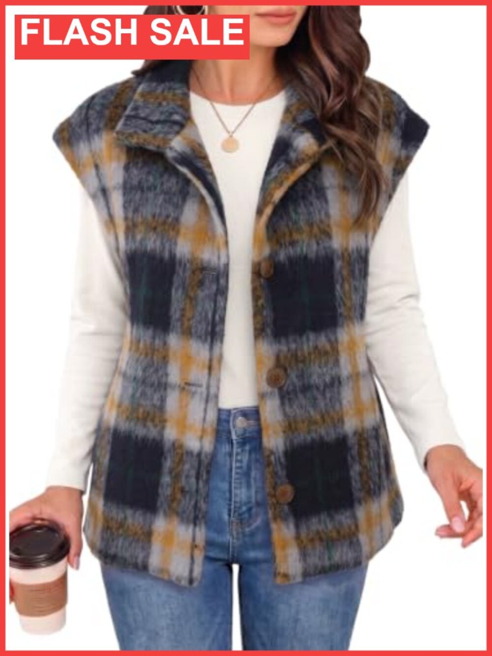 Oversized Plaid Vest Cap Sleeve Button Front Layering Women